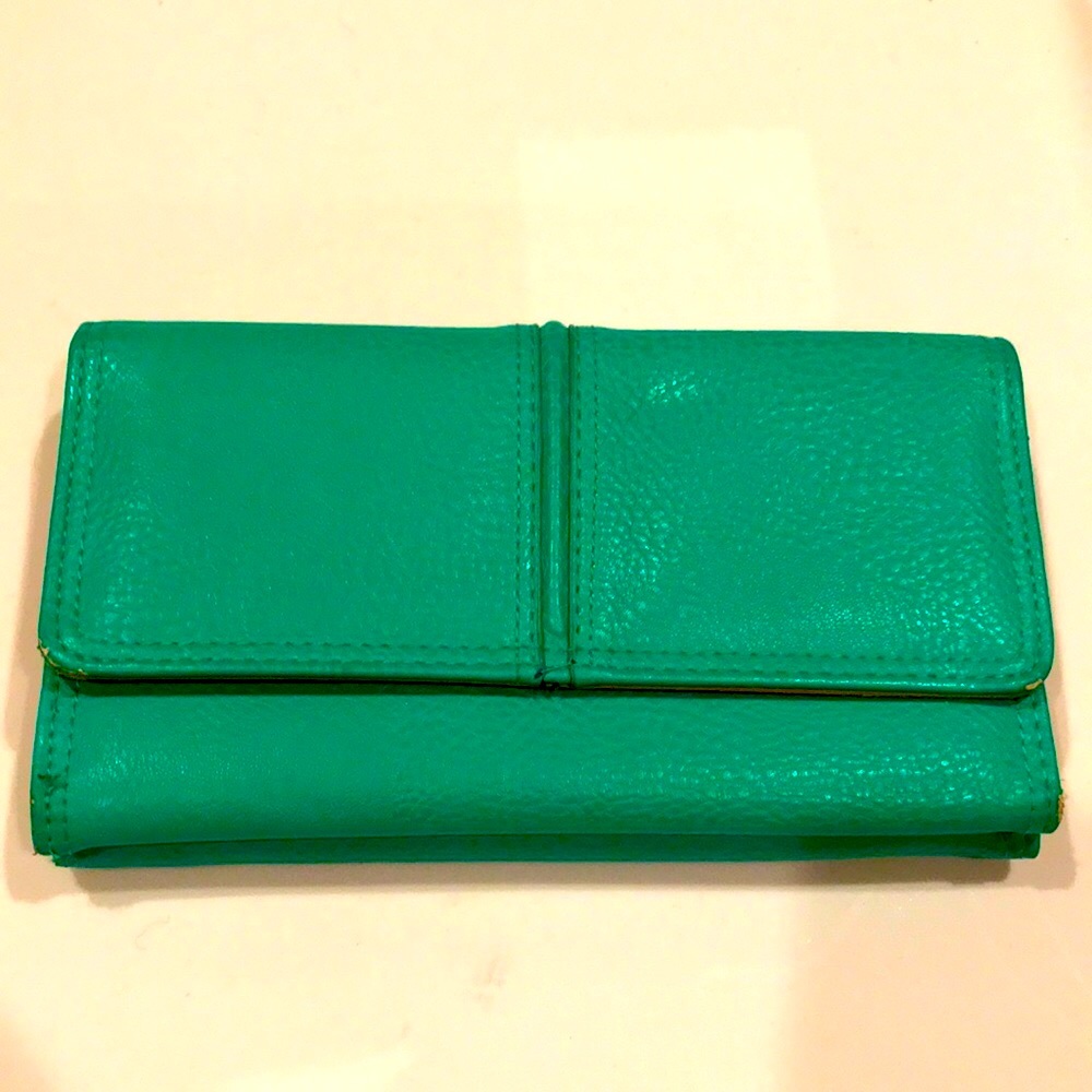 Bright blue green pebbled leather wallet ID credit card holder double snap VGUC